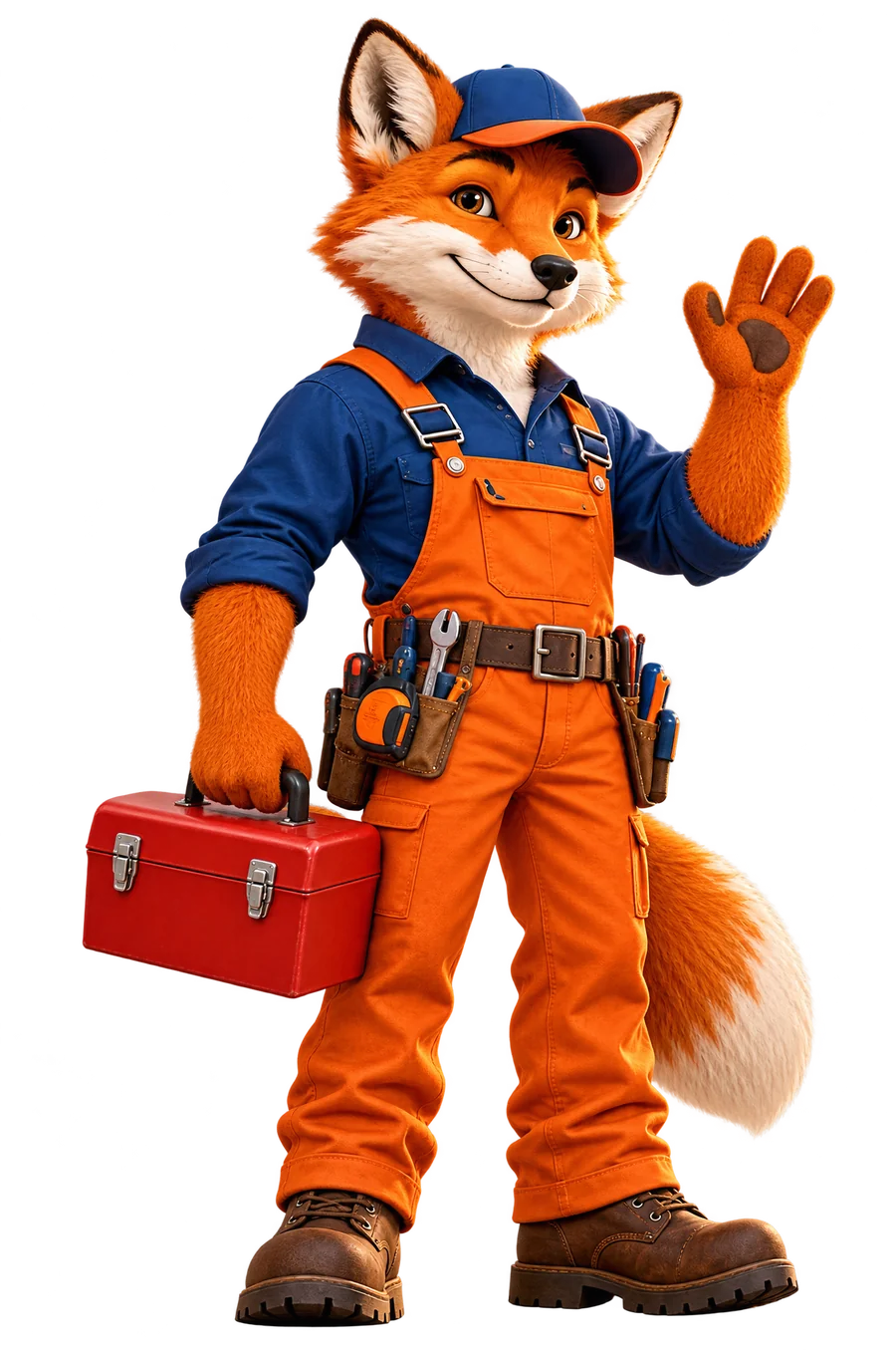 FixFox, a friendly fox handyman in orange overalls and a blue cap, waving hello and carrying a red toolbox