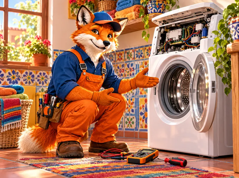 FixFox kneeling next to an open washing machine, explaining the repair
