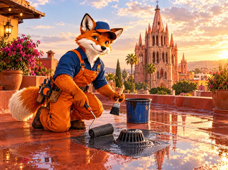FixFox sealing a rooftop terrace with the Parroquia in the background